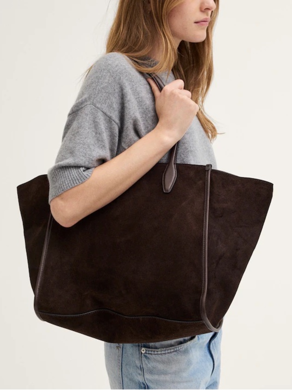 J.Crew Classic Dark Brown Suede Tote with Contrast Trim